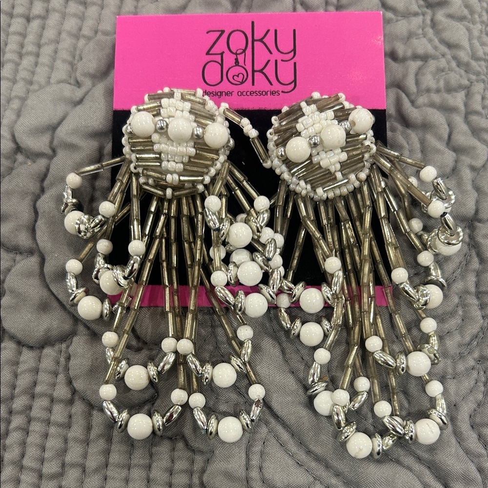 Vintage Silver and White Beaded Statement Earrings-Boutique